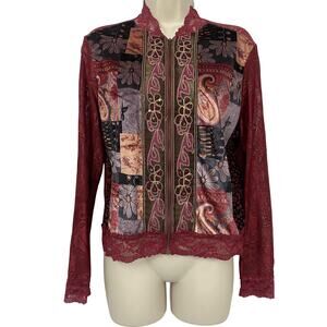 Vtg Jaipur Jacket Womens Medium Red Velvety Patchwork Lace Boho Zip Up Sheer Y2K